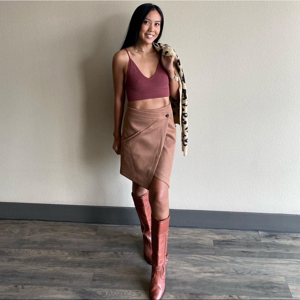 Rust Camel Asymmetrical Mini Wrap Skirt